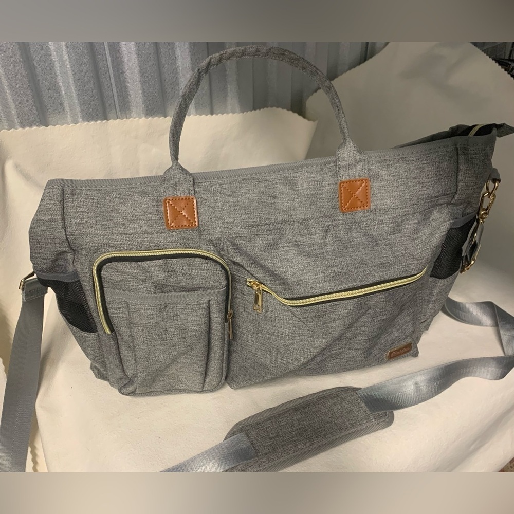 Rabjen Gray Diaper Tote Bag Large Multifunction Travel Baby Bag NWOT